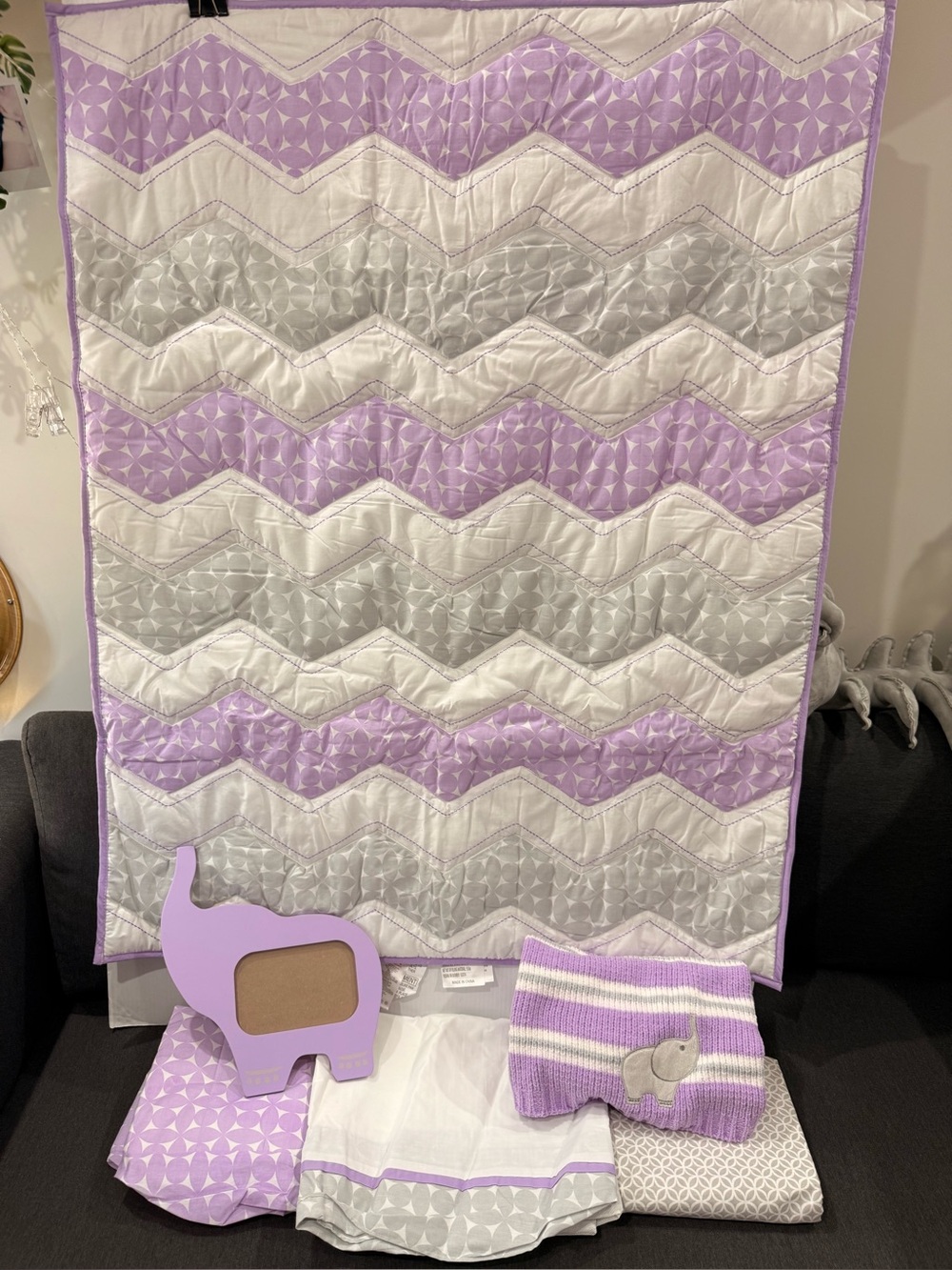 Lavender and Gray Zigzag chevron 6piece Baby crib bedding Nursery elephant
